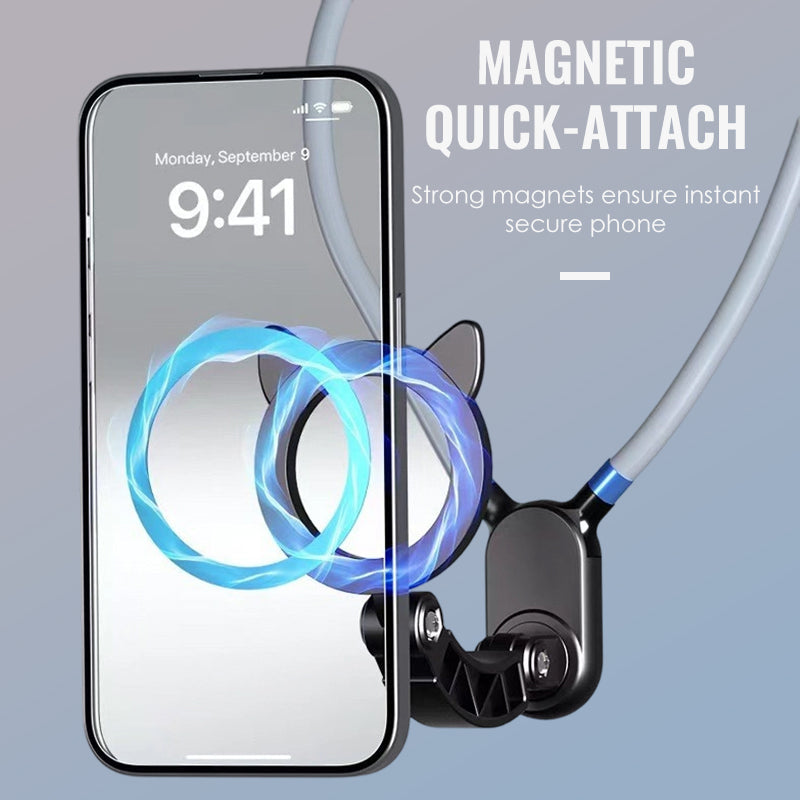 Arenzza hands-free magnetic neck phone mount with a smartphone attached, designed for easy hands-free use in electronics and accessories.