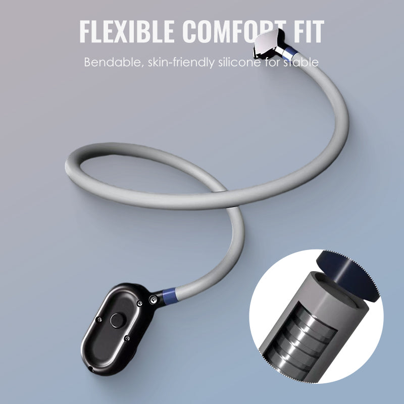 Arenzza Hands-Free Magnetic Neck Phone Mount hanging around the neck with a smartphone attached for easy hands-free use.