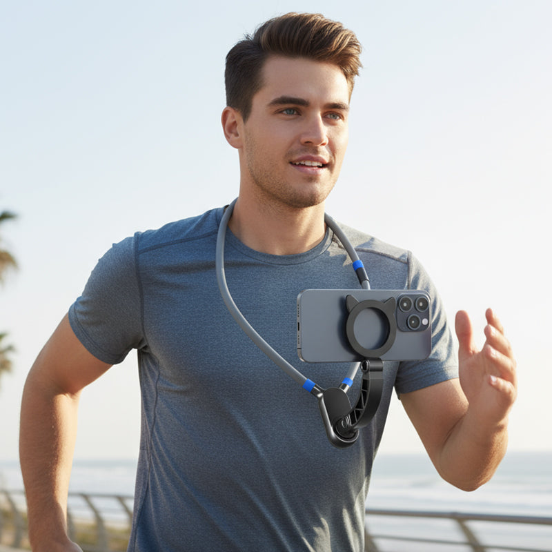 Arenzza hands-free magnetic neck phone mount with adjustable straps and a secure magnetic holder for smartphones.
