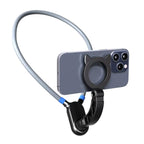 Arenzza hands-free magnetic neck phone mount showing a smartphone secured with a magnetic clip around the neck, ideal for easy access.