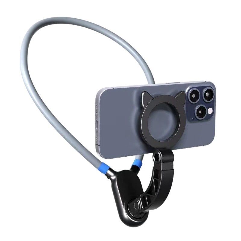 Arenzza hands-free magnetic neck phone mount showing a smartphone secured with a magnetic clip around the neck, ideal for easy access.