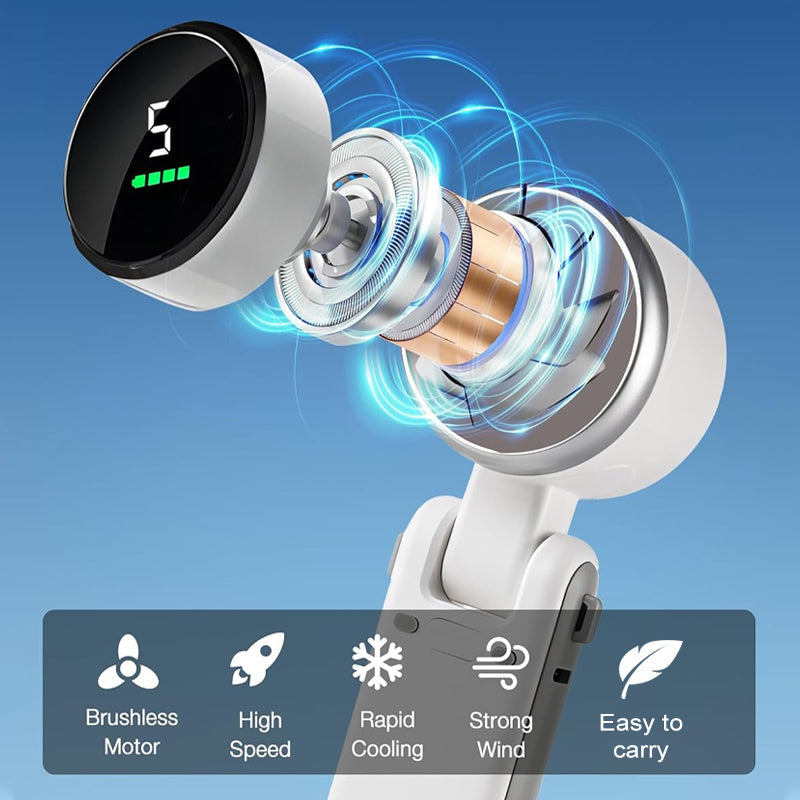 Aarenza 5-speed foldable rechargeable fan showing compact design and adjustable blades for on-the-go cooling.