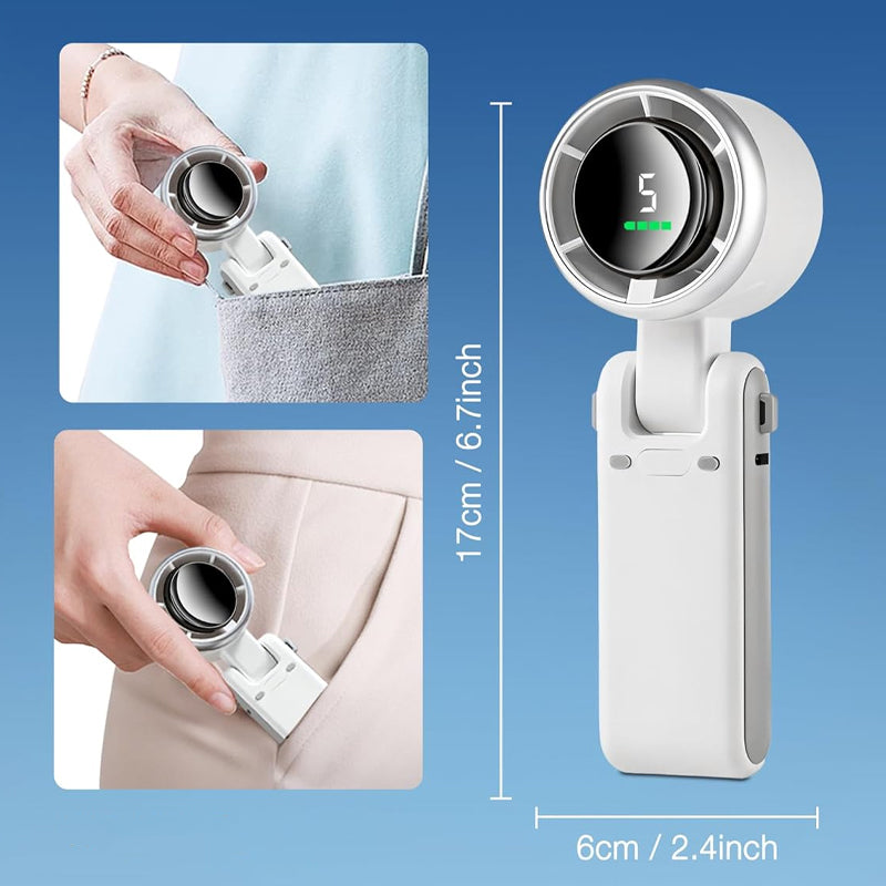 Aarenza 5-speed foldable rechargeable fan with compact design, displaying strong wind airflow and adjustable settings for on-the-go cooling.