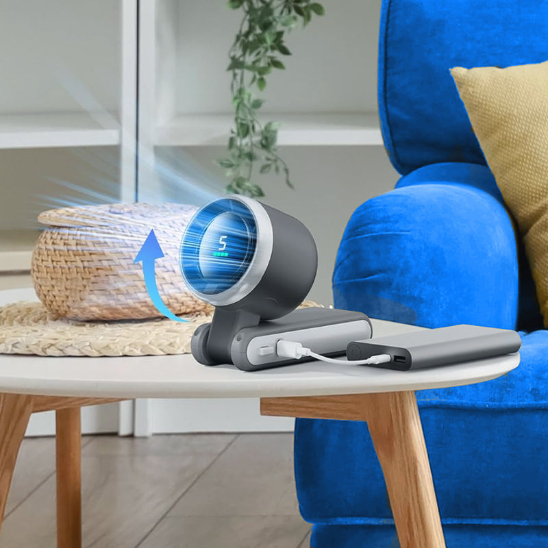 Arenzza 5-speed foldable portable fan with compact design, strong airflow, rechargeable battery, ideal for on-the-go cooling.