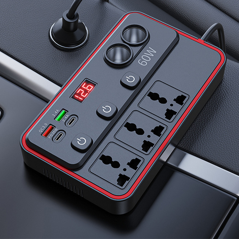 Arenzza multifunctional car charger with AC outlets and USB ports, designed for electronic device charging in vehicles.