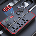 Arenzza multifunctional car charger with USB ports and AC outlets plugged into a vehicle's power socket.