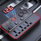 Arenzza multifunctional car charger with USB ports and AC outlets plugged into a vehicle's power socket.