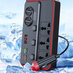 Arenzza multifunctional car charger with AC outlets and USB ports, plugged into a vehicle’s power socket.