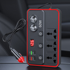 Arenzza multifunctional car charger with USB ports and AC outlets connected to a vehicle's dashboard.