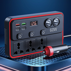 Arenzza multifunctional car charger with USB ports and AC outlets, shown plugged into a vehicle's cigarette lighter socket.