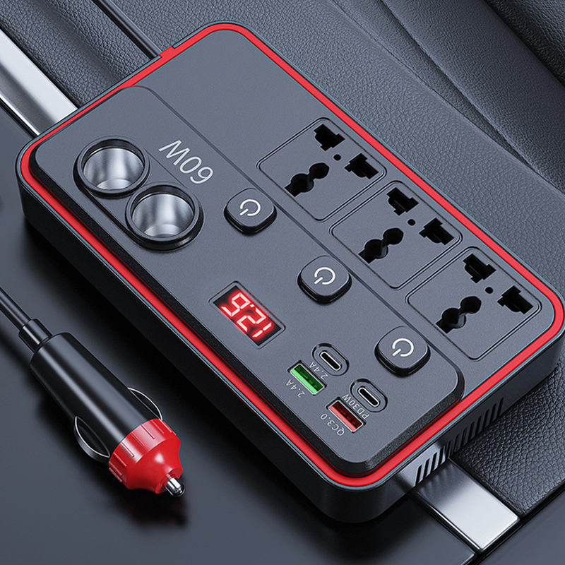 Arenzza multifunctional car charger with AC outlets and USB ports, shown plugged into a vehicle's power socket.