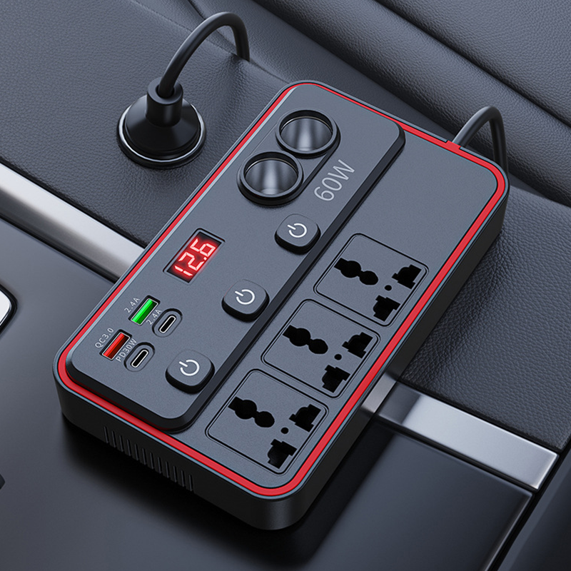 Arenzza multifunctional car charger with USB ports and AC outlets, connected to a vehicle's dashboard for electronic charging.