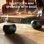 Arenzza Bluetooth mini speaker with compact design and bass, showing the wireless speaker with control buttons and a connected mobile device.