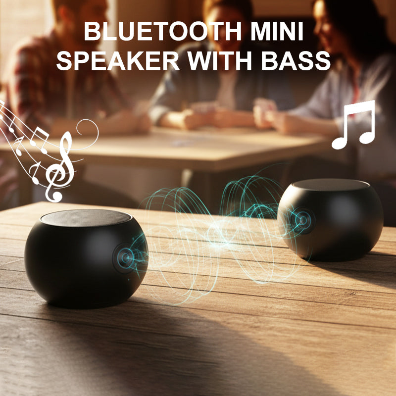Arenzza Bluetooth mini speaker with compact design and bass, showing the wireless speaker with control buttons and a connected mobile device.