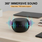 Arenzza Bluetooth mini speaker with compact design, black exterior, and visible control buttons, delivering powerful sound and bass.