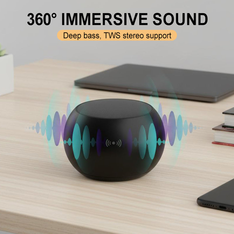 Arenzza Bluetooth mini speaker with compact design, black exterior, and visible control buttons, delivering powerful sound and bass.