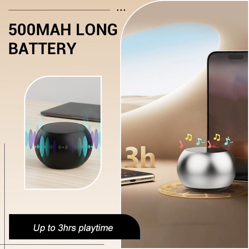 Arenzza Bluetooth mini speaker with compact design, showcasing a sleek black speaker with control buttons and a connected mobile device.