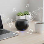 Arenzza Bluetooth mini speaker with compact design, black exterior, and visible control buttons, delivering powerful sound.