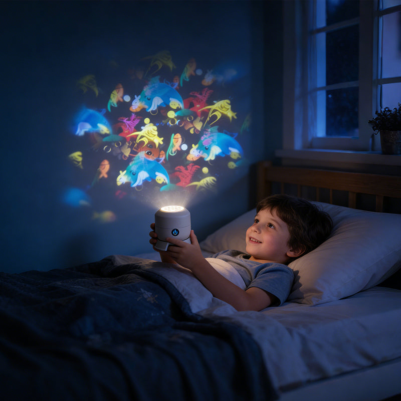 Arenzza dynamic rotating LED projector light displaying colorful light patterns on a wall, ideal for home or party decor.