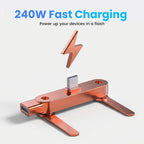 Arenzza fast-charging adapter with a 360° foldable phone stand, featuring an electronic accessory with sleek design and functional stand.