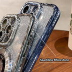 Arenzza glitter rhinestones magnetic iPhone case with invisible stand, featuring shiny design and precise cutouts for phone access.