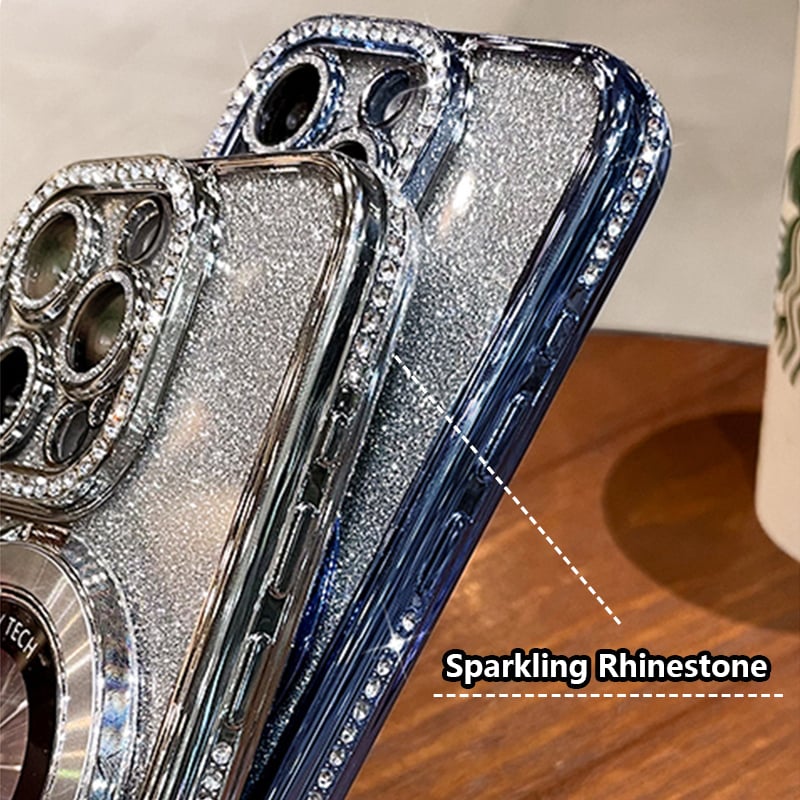 Arenzza glitter rhinestones magnetic iPhone case with invisible stand, featuring shiny design and precise cutouts for phone access.