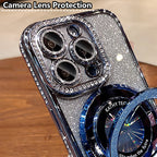 Arenzza glitter rhinestones magnetic iPhone case with invisible stand, showcasing shiny design and functional phone protection.
