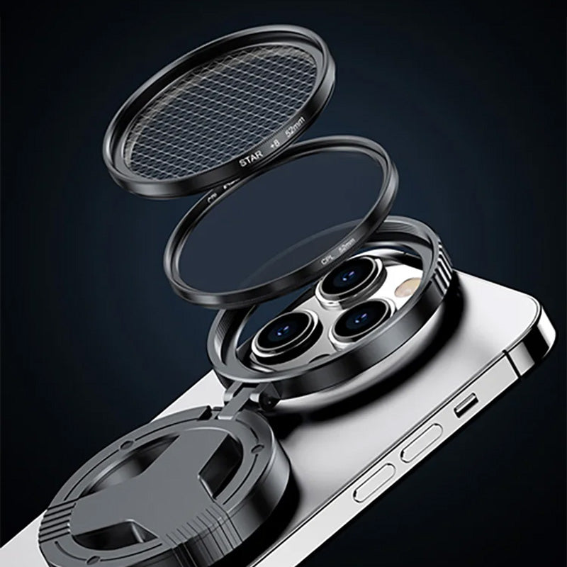 Arenzza 2-in-1 magnetic CPL and star filter lens attached to a camera, showcasing adjustable filter rings and reflective glass elements.