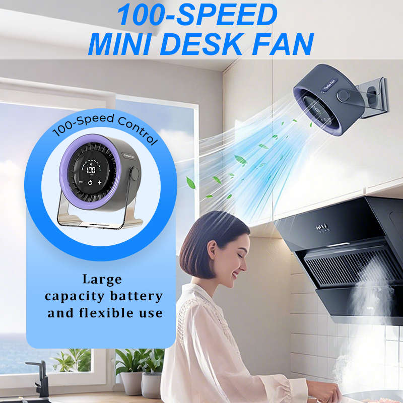 Arenzza mini desk fan with digital display, compact electronic accessory for cooling and airflow on a workspace.