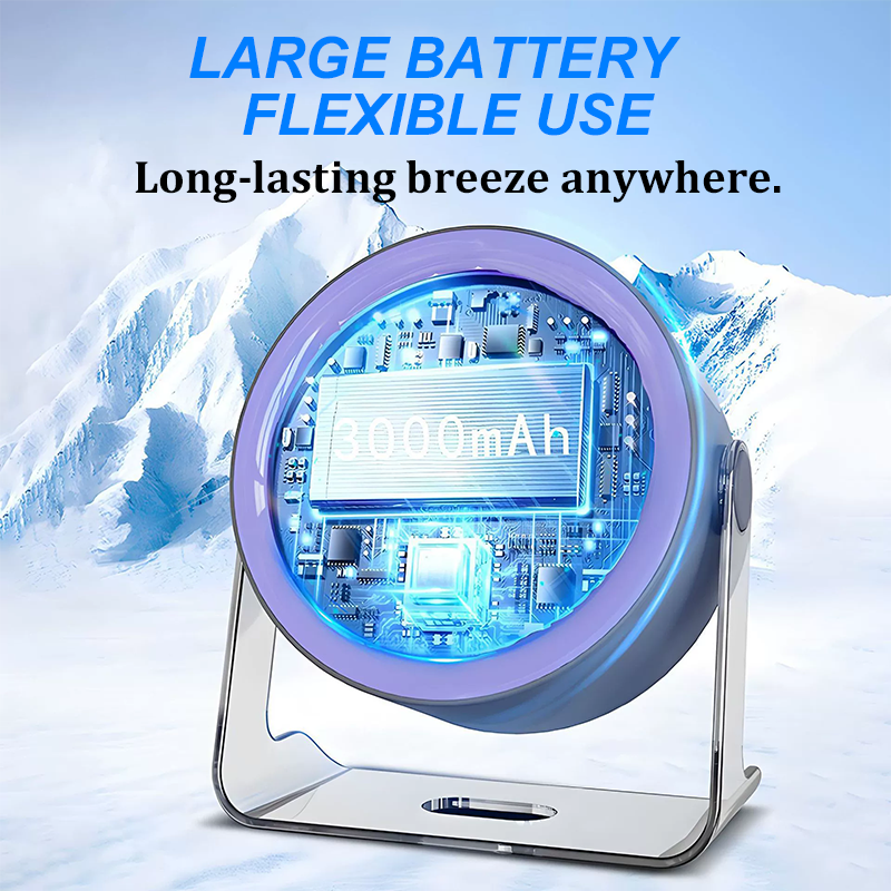 Arenzza mini desk fan with digital display, compact electronics and accessories for cooling and air circulation.