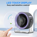 Arenzza mini desk fan with digital display, compact electronic cooling device on a desk, showcasing its sleek design and controls.