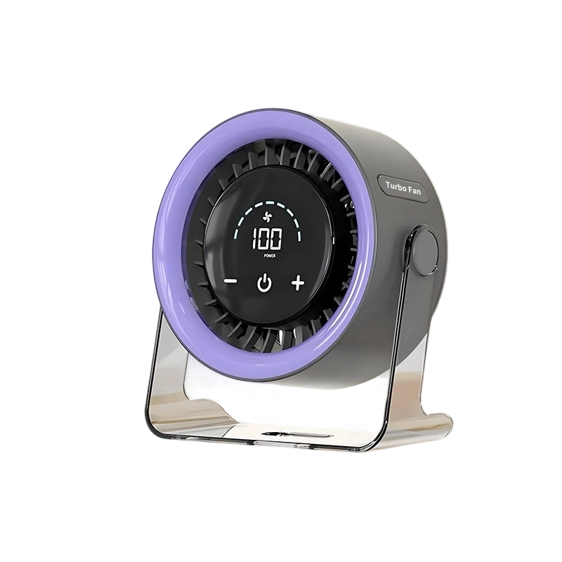 Arenzza mini desk fan with digital display showing airflow levels, compact design perfect for personal cooling on a desk.