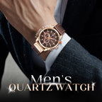 A men's Arenzza high-end classic quartz watch with a sleek black dial, silver case, and leather strap.