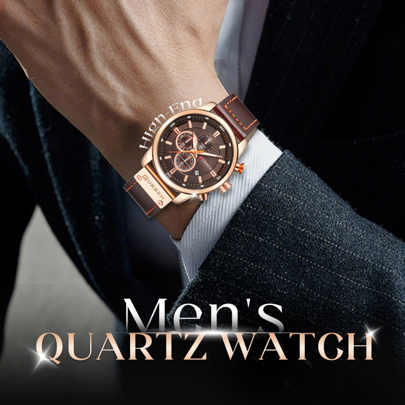 A men's Arenzza high-end classic quartz watch with a sleek black dial, silver case, and leather strap.