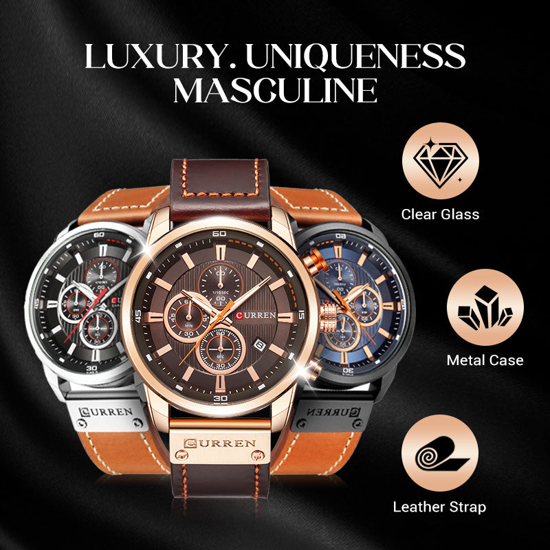 Arenzza men's high-end classic quartz watch with a round face, black leather strap, and silver-tone case, stylish and elegant.