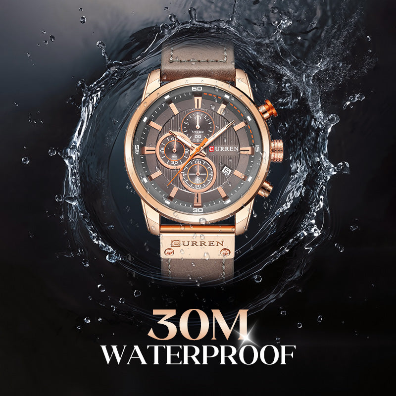 A men's high-end classic quartz watch by Arenzza with a sleek black leather strap and minimalist round dial.