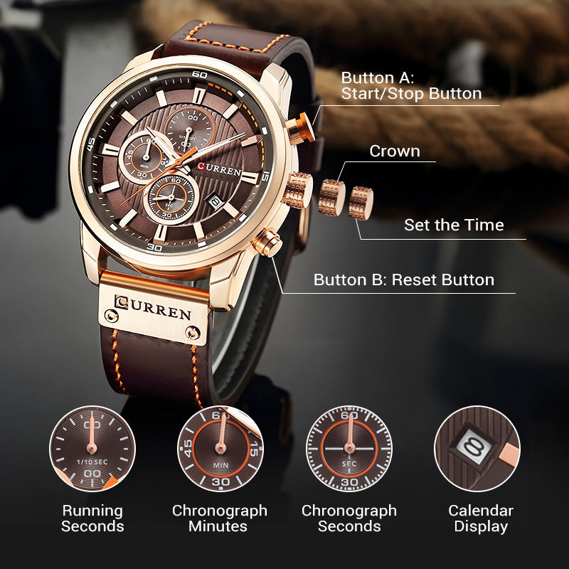 Arenzza men's high-end classic quartz watch with a sleek round dial, black leather strap, and silver case, stylish and elegant.