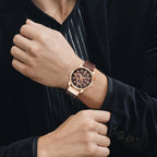 Arenzza men's high-end classic quartz watch with black dial, silver case, and leather strap, showcasing elegant watch design.