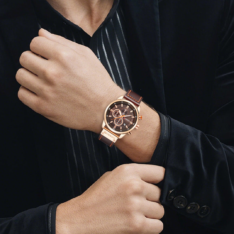 Arenzza men's high-end classic quartz watch with black dial, silver case, and leather strap, showcasing elegant watch design.