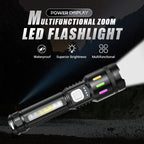 Arenzza multifunctional LED flashlight with zoom, power display, USB-C port, four lighting modes, and 500m beam range.