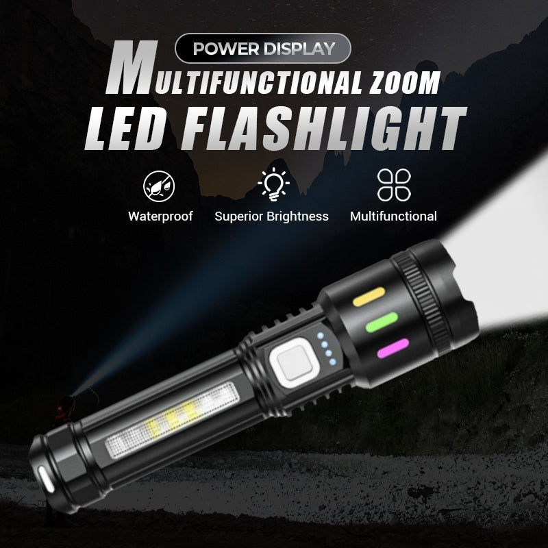 Arenzza multifunctional LED flashlight with zoom, power display, USB-C port, four lighting modes, and 500m beam range.