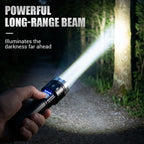 Arenzza multifunctional LED flashlight with zoom, power display, USB-C port, and four lighting modes, showcasing its adjustable focus.