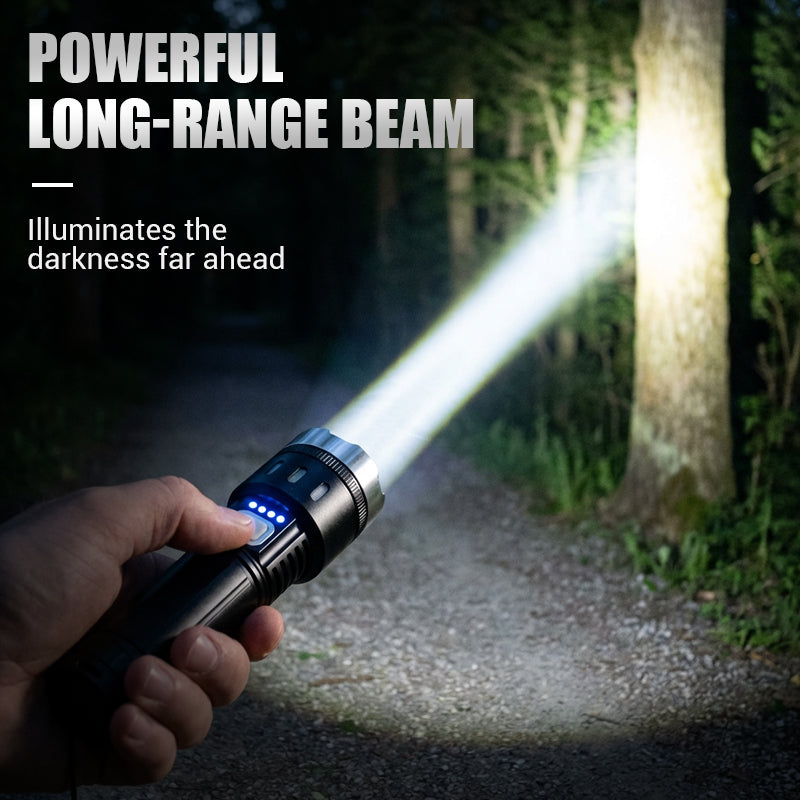 Arenzza multifunctional LED flashlight with zoom, power display, USB-C port, and four lighting modes, showcasing its adjustable focus.
