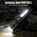 Arenzza multifunctional LED flashlight with zoom, power display, USB-C port, and four lighting modes, highlighted with a 500m range.