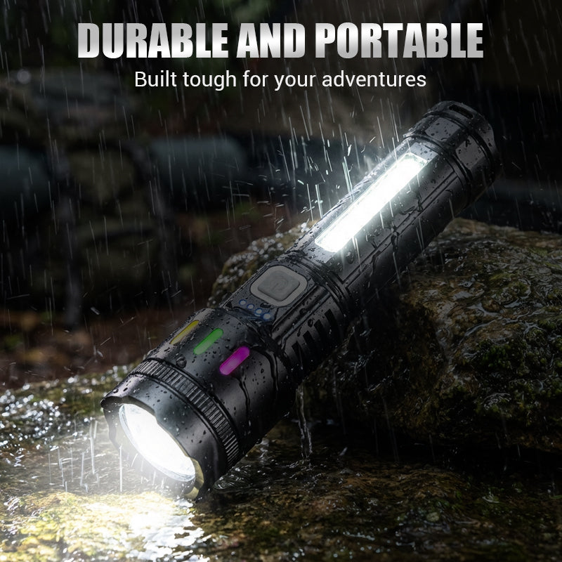 Arenzza multifunctional LED flashlight with zoom, power display, USB-C port, and four lighting modes, highlighted with a 500m range.