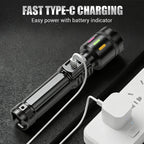 Arenzza multifunctional zoom LED flashlight with power display, 500m range, USB-C port, and four adjustable lighting modes.