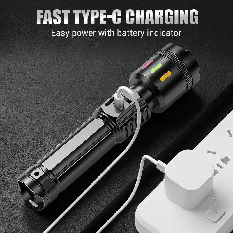 Arenzza multifunctional zoom LED flashlight with power display, 500m range, USB-C port, and four adjustable lighting modes.