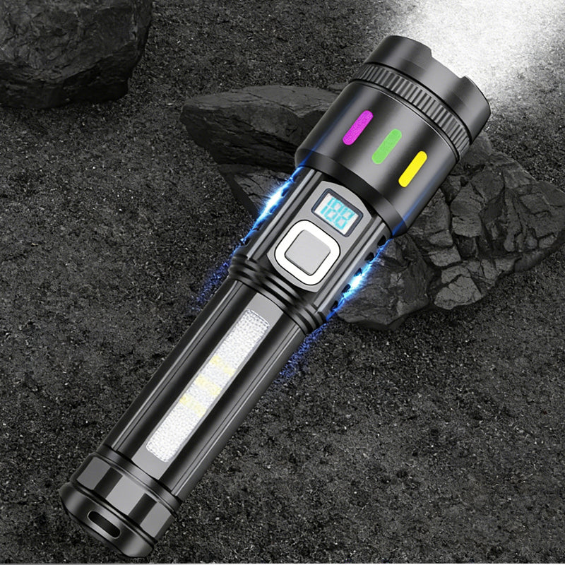 Arenzza multifunctional zoom LED flashlight with power display, 500m range, USB-C port, and four lighting modes, electronics accessory