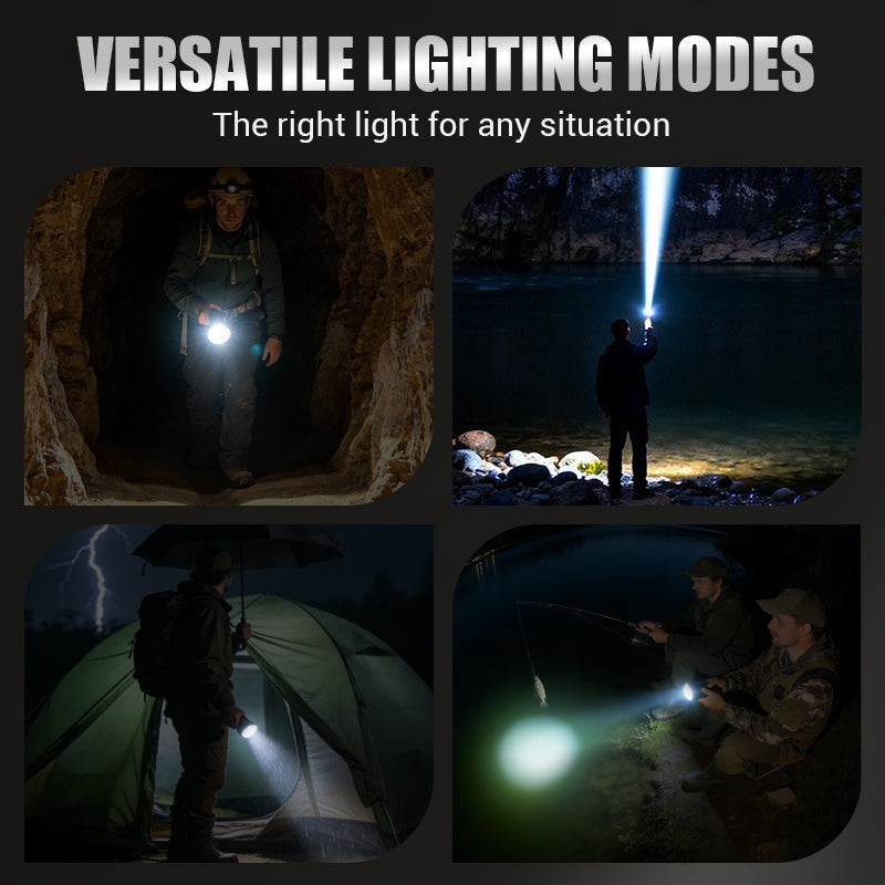 Arenzza multifunctional LED flashlight with zoom, power display, USB-C port, and four lighting modes, shown with extended beam.