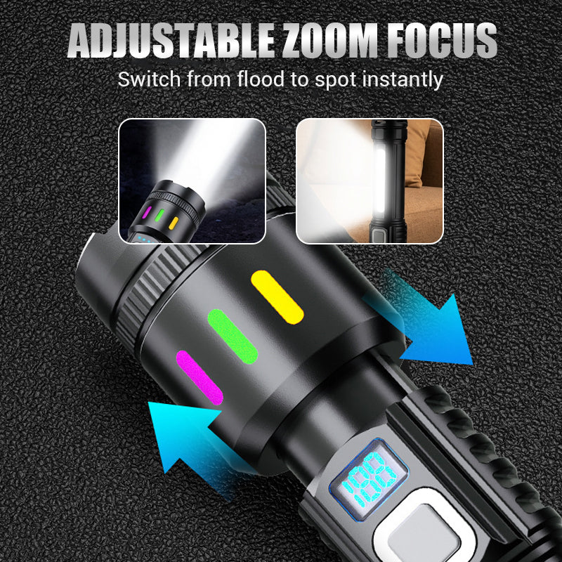 Arenzza multifunctional LED flashlight with zoom, power display, four lighting modes, and a USB-C port, showing a bright beam in dark.